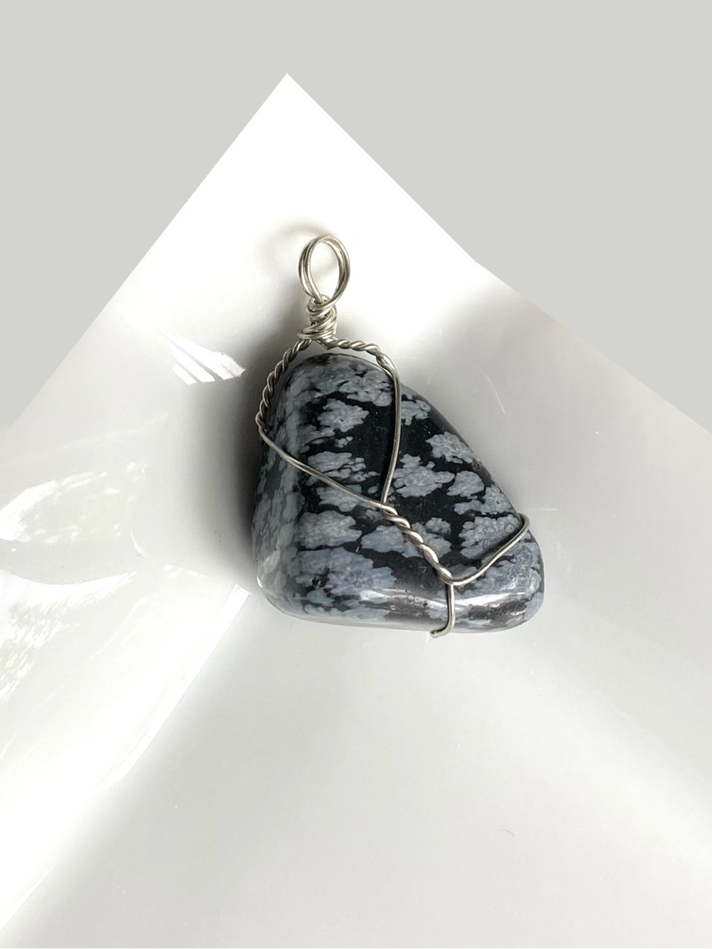 Wire-Wrap 1” Snowflake Obsidian Stone Pendant in Black and Gray Boho